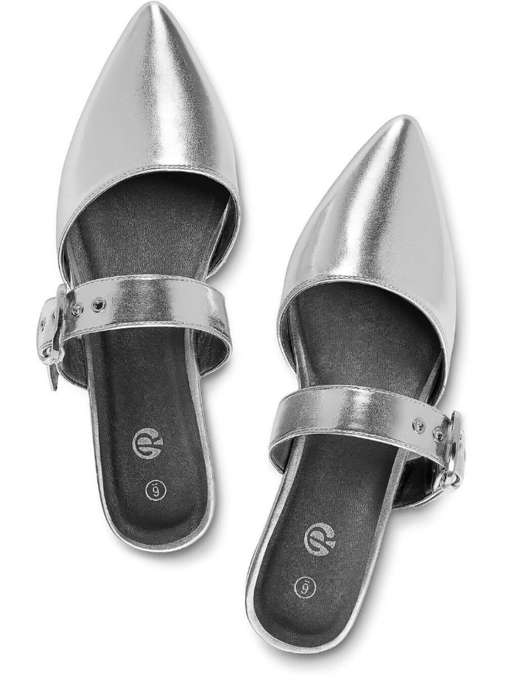 Women's Silver (PU) Pointed Toe Backless Loafer Shoes with Adjustable Strap